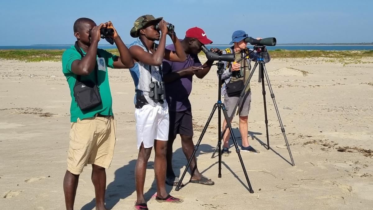 A small group of people stand on flat land with binoculars and tripods facing one direction.