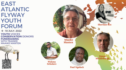 Invitation banner with event title and date, and graphic of a map of Norhtern Africa and Europe dissolving into birds, circled images of the speakers and graphic of a spoonbill.